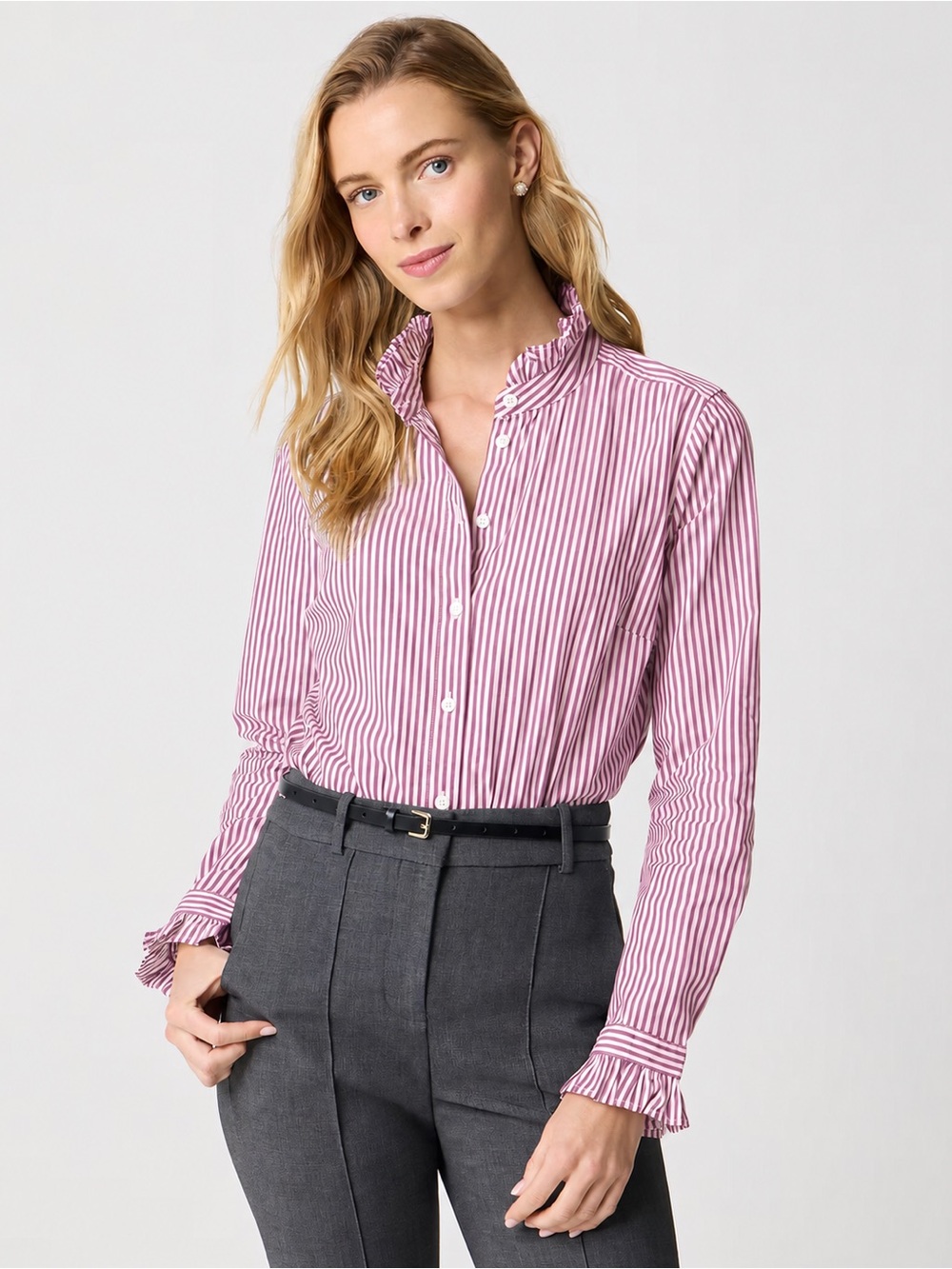 J.Crew Factory Ruffleneck Button-Up Shirt Pink White Stripe Size M